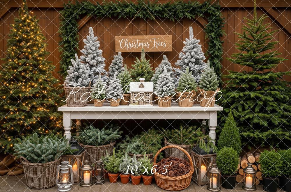 Kate Christmas Greenery Snowy Pine Trees Table Display Backdrop Designed by Patty Roberts