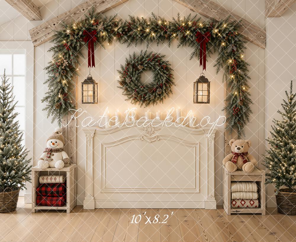 Kate Christmas Headboard Garland Wreath Snowman Trees White Printed Backdrop Designed by Emetselch