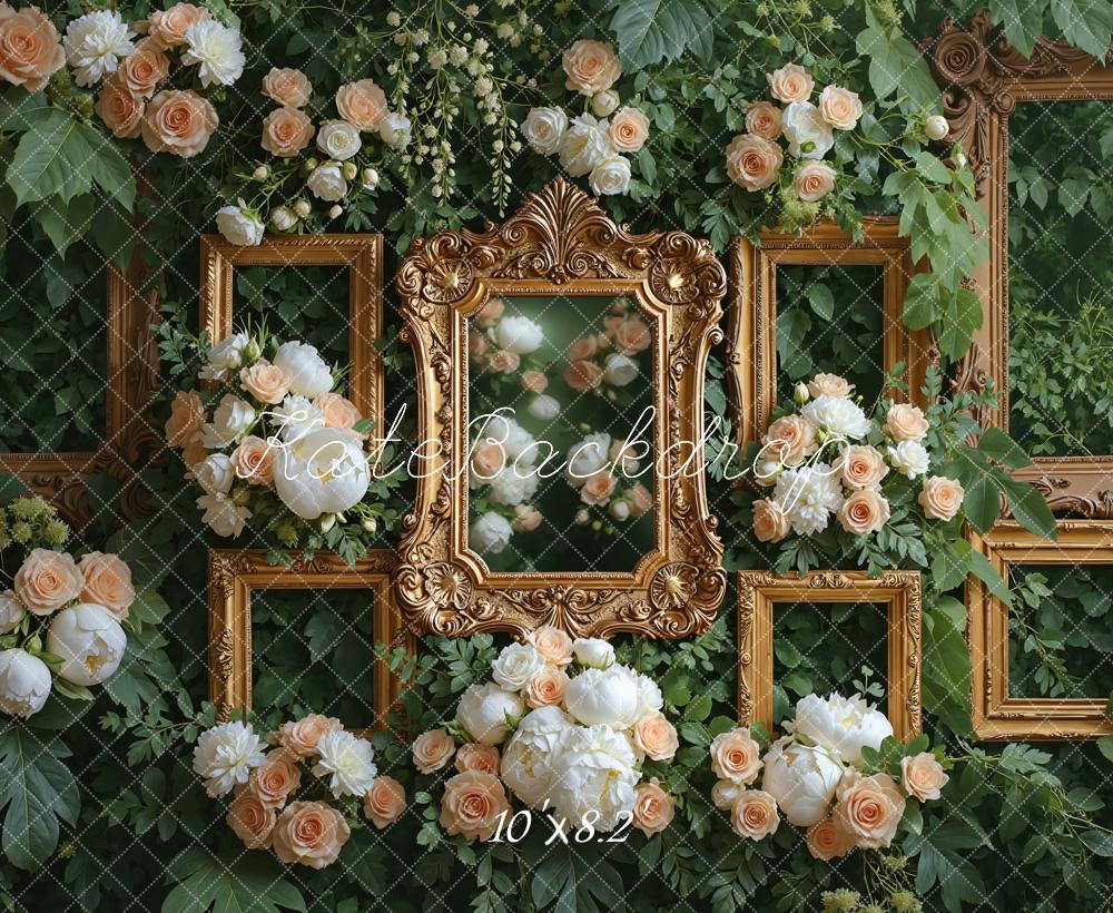 Kate Romantic Floral Gold Frames Greenery Backdrop Designed by Mini MakeBelieve