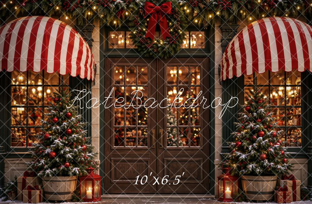 Kate Christmas Storefront Door With Striped Awnings Printed Backdrop Designed by Emetselch