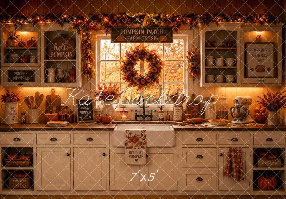 Kate Fall Pumpkin Farmhouse Kitchen Wreath Window Printed Backdrop Designed by Caitlin Lynch
