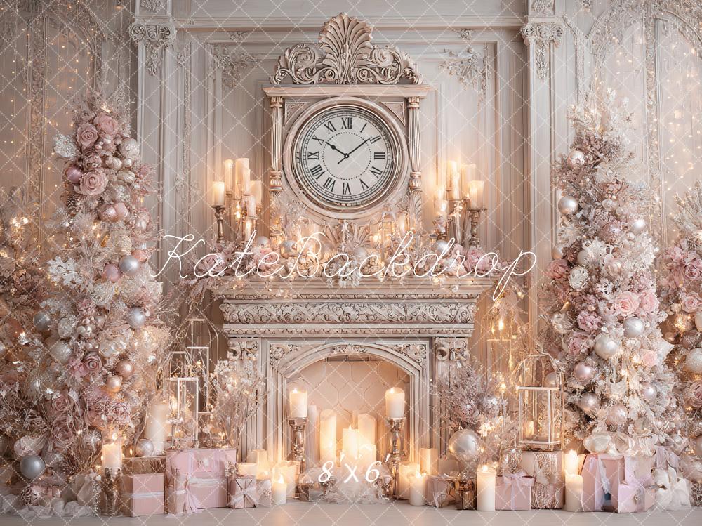 Kate Christmas Fireplace Clock Candles Tree Pink Luxury Backdrop Designed by Ashley Paul