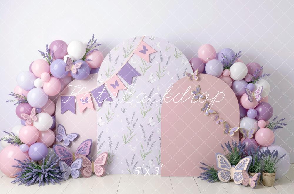 Kate Birthday Pastel Purple Balloon Arch Butterfly Lavender Panels Printed Backdrop Designed by Mini MakeBelieve