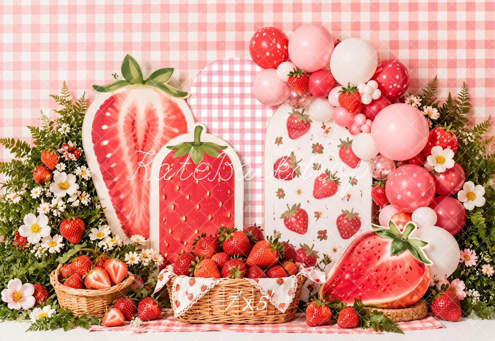 Kate Summer Strawberry Picnic Baskets Pink Checkered Balloons Printed Backdrop Designed by Emetselch