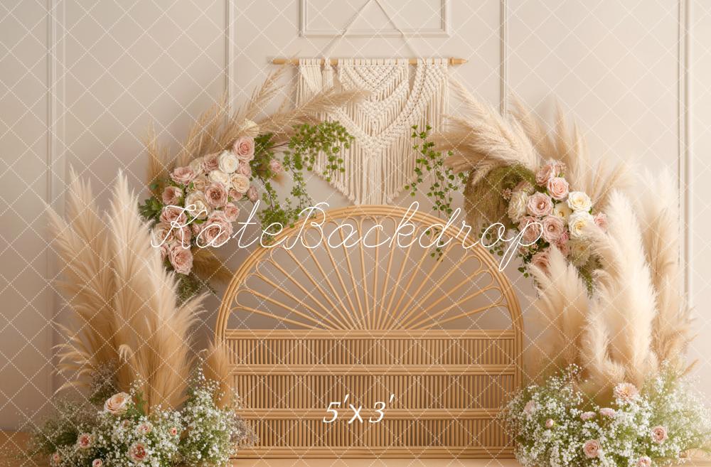Kate Boho Headboard Rattan Flower Arch Pampas Grass Beige Printed Backdrop Designed by Emetselch