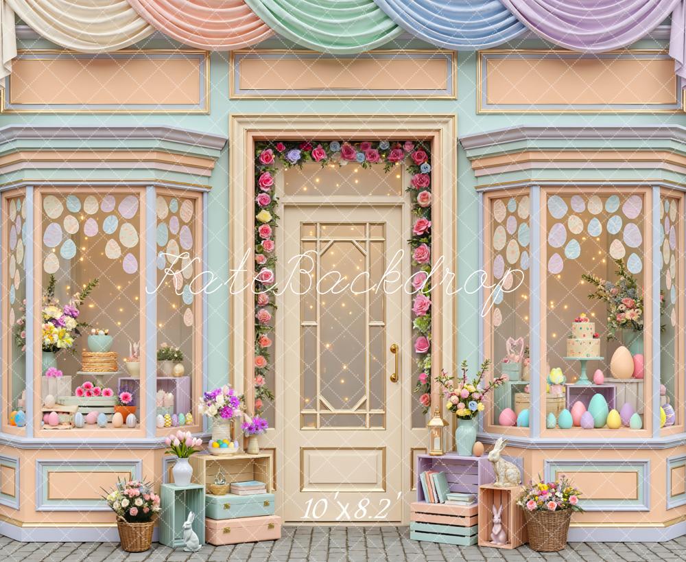 Kate Easter Bunny Pastel Storefront Flower Arch Printed Backdrop Designed by Mini MakeBelieve