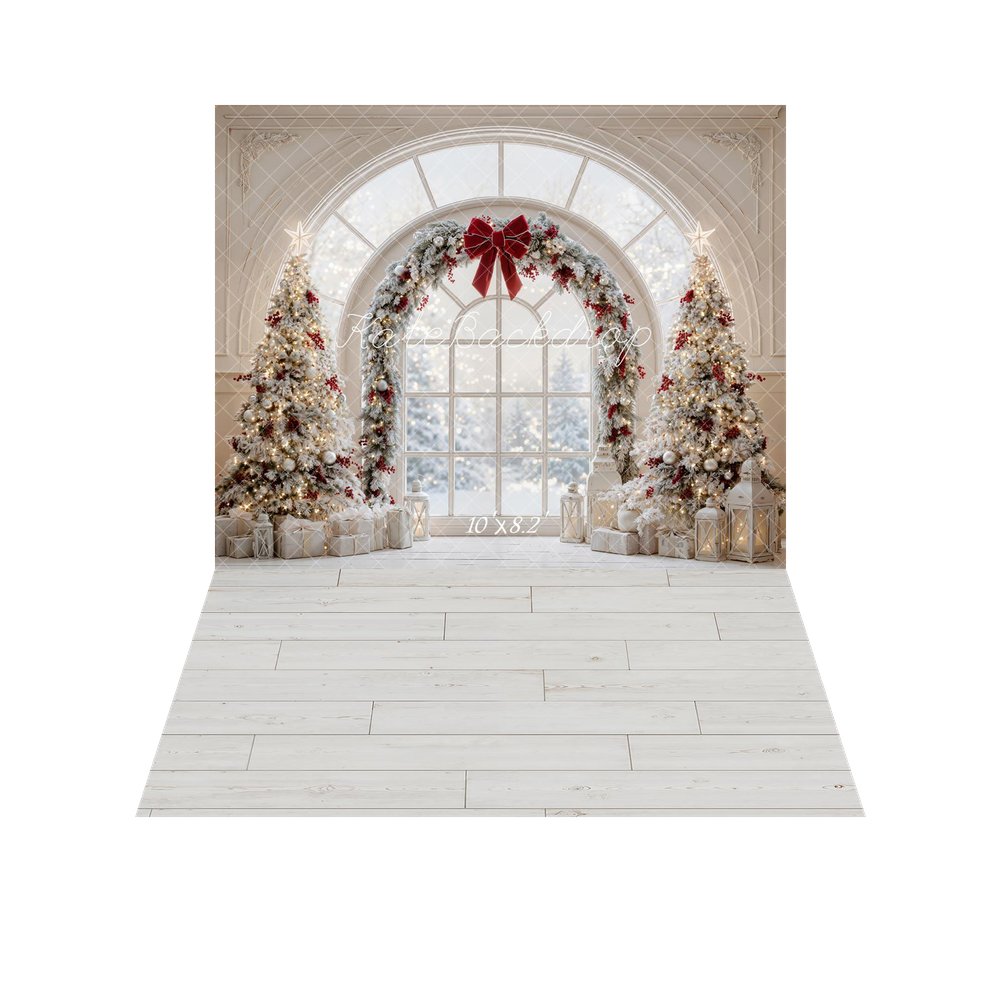 Kate Christmas Trees Arched Window Red Bow Garland Snowy Printed Backdrop+White Wood Plank Floor Printed Backdrop