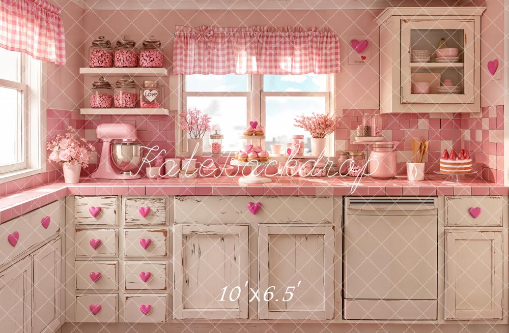 Kate Valentine's Day Pink Kitchen Hearts Backdrop Designed by Emetselch