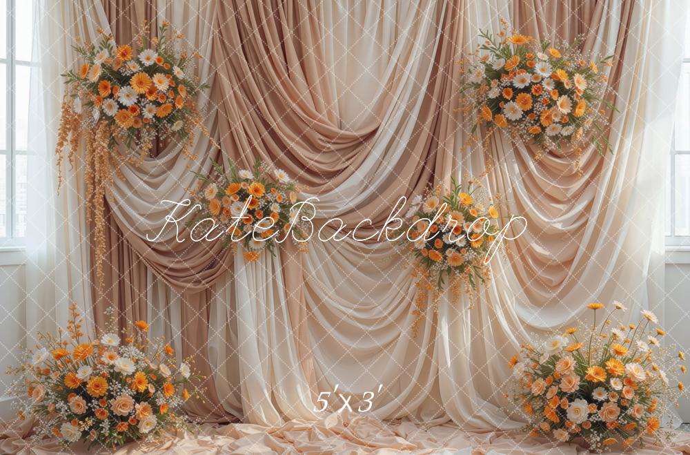 Kate Fall Beige Draped Curtains Orange Flower Printed Backdrop Designed by Mini MakeBelieve