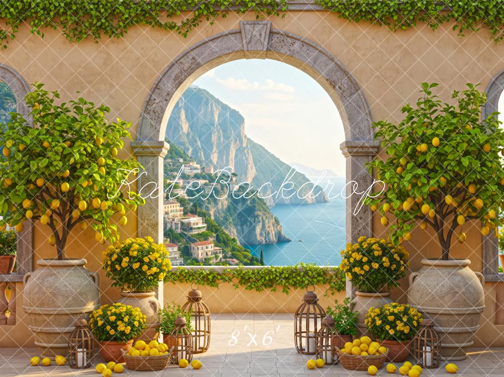 Kate Summer Mediterranean Terrace Lemons Arch Mountain Ocean View Printed Backdrop Designed by Patty Roberts