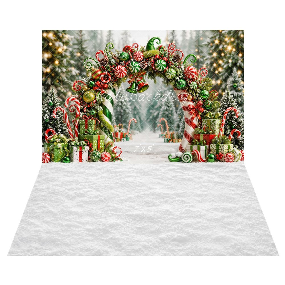 Kate Christmas Fantasy Green Candy Arch Forest Presents Printed Backdrop+White Snow Abstract Texture Printed Backdrop