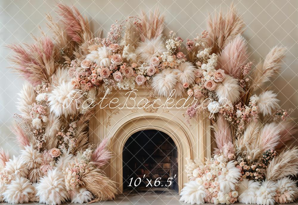 Kate Boho Floral Fireplace Beige Backdrop Designed by Emetselch