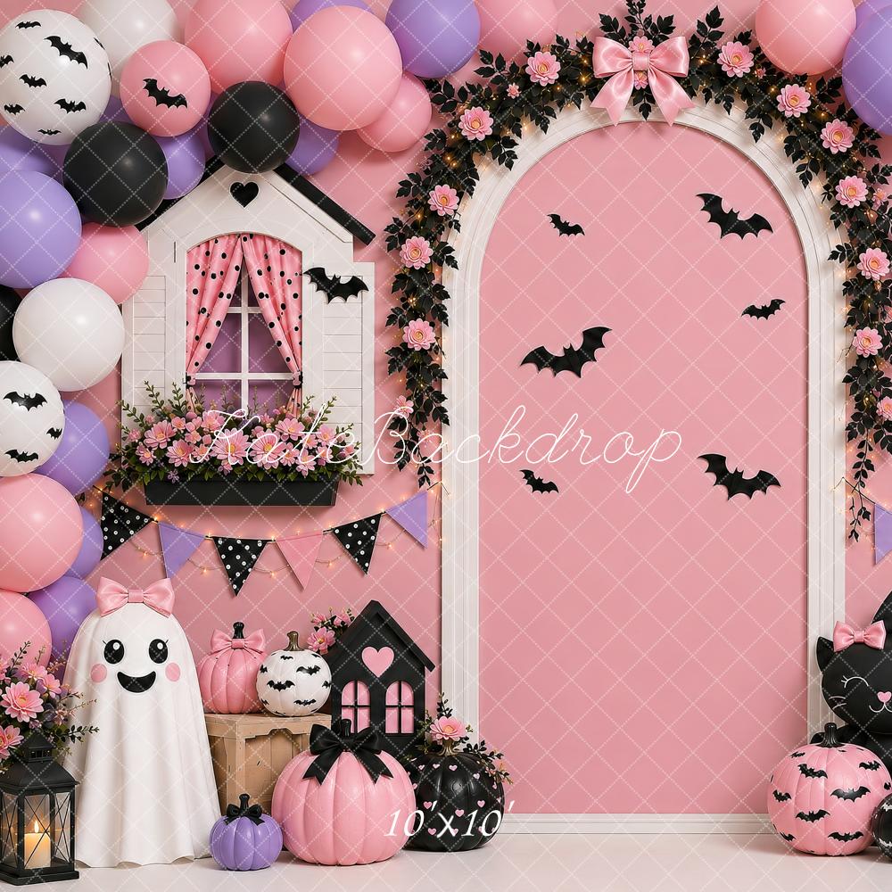 Kate Halloween Party Pink Balloon Floral Arch Cute Ghost Printed Backdrop Designed by Shutter Swan Studios