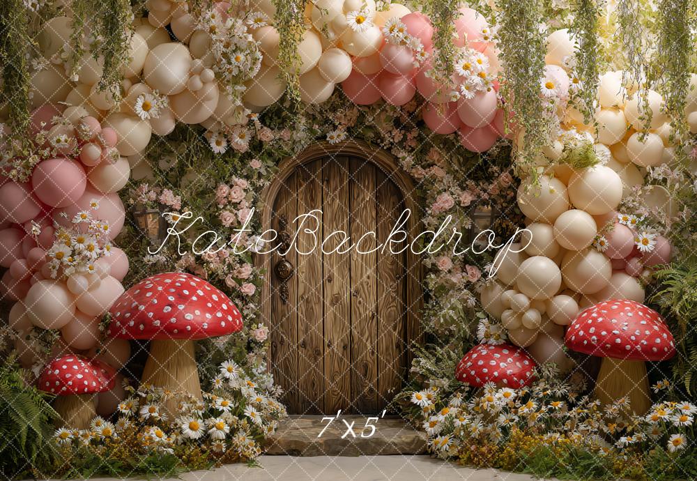 Kate Fairy Spring Balloon Arch Wooden Door Mushrooms Flowers Backdrop Designed by Ashley Paul