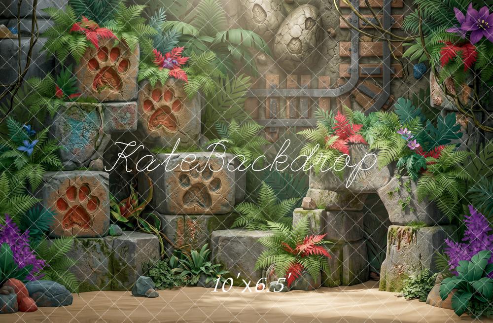 Kate Adventure Jungle Ruins Paw Print Stones Ferns Printed Backdrop Designed by Angela Miller