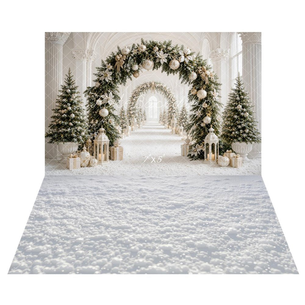 Kate Christmas Flower Archway White Gold Trees Lanterns Gifts Columns Printed Backdrop+Snow White Texture Floor Printed Backdrop