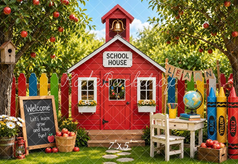 Kate Back to School Red Schoolhouse Apple Trees Crayons Desk Printed Backdrop Designed by Emetselch