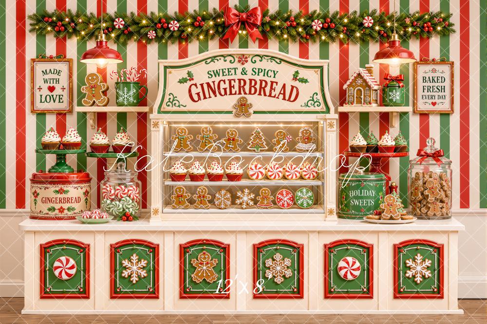 Kate Christmas Gingerbread Candy Shop Cookies Bakery Striped Printed Backdrop Designed by Emetselch