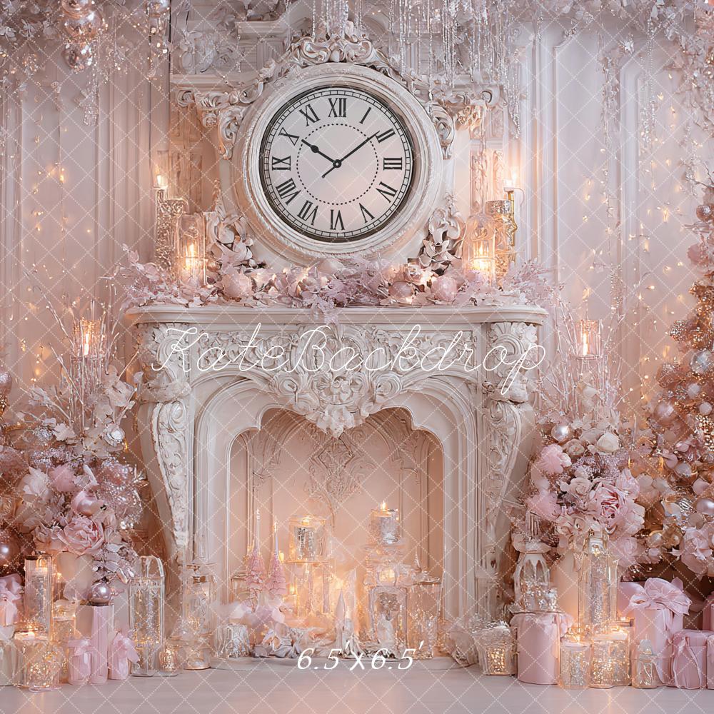 Kate Christmas Fireplace Clock Tree Candles Pink Backdrop Designed by Ashley Paul