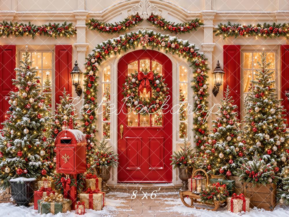 Kate Christmas Red Door Mailbox Garland Trees Victorian House Printed Backdrop Designed by Emetselch