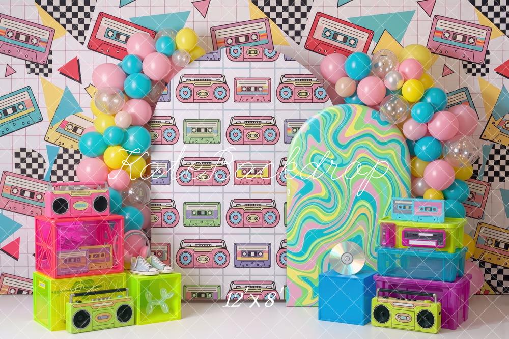 Kate Birthday 90s Retro Cassette Tape Boombox Neon Geometric Graffiti Printed Backdrop Designed by Mini MakeBelieve