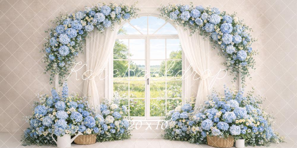 Kate Spring Flower Arch Blue Hydrangea Window Curtains Backdrop Designed by Megan Leigh Photography