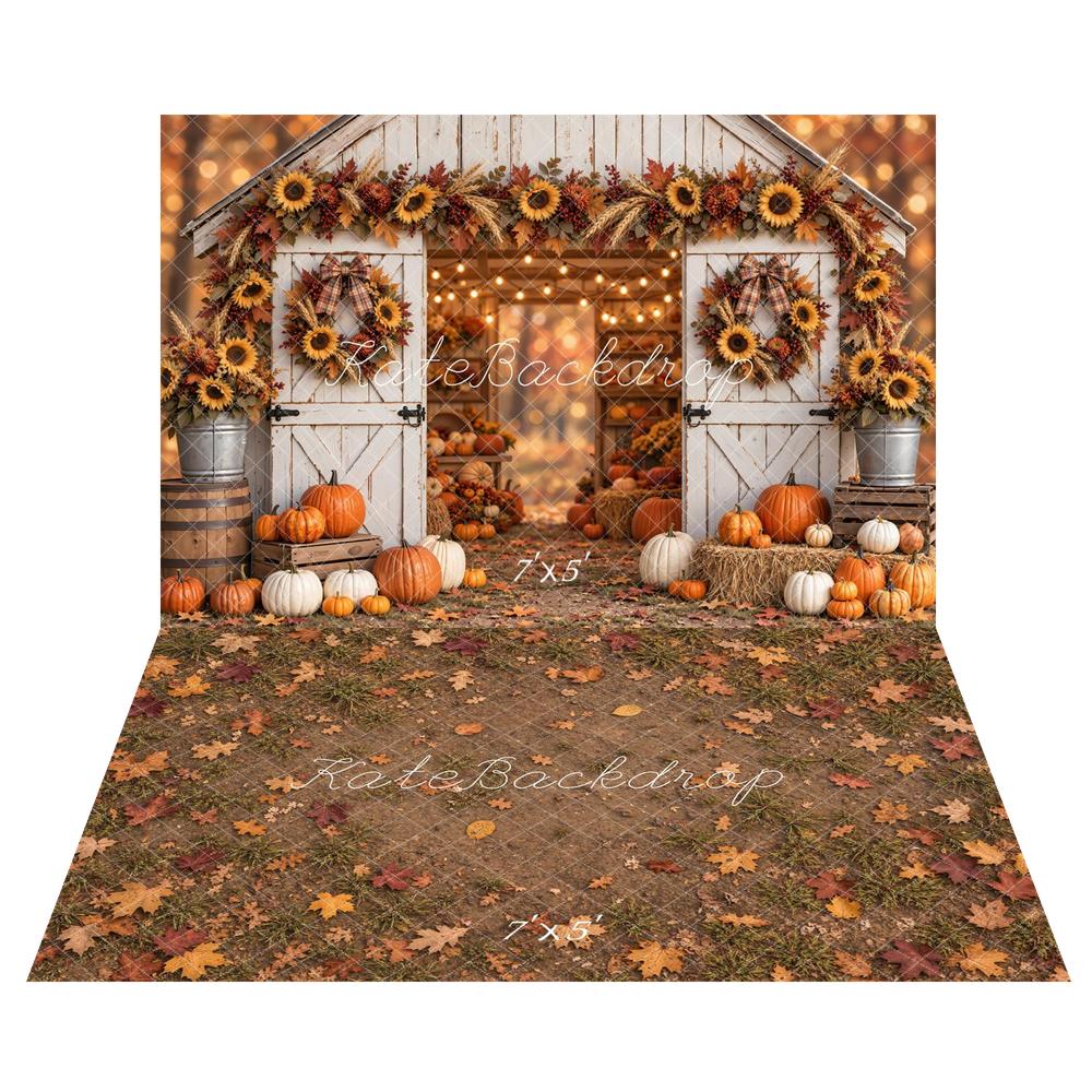 Kate Fall White Barn Sunflower Wreath Garland Pumpkin Printed Backdrop+Fall Leaves Grass Floor Printed Backdrop