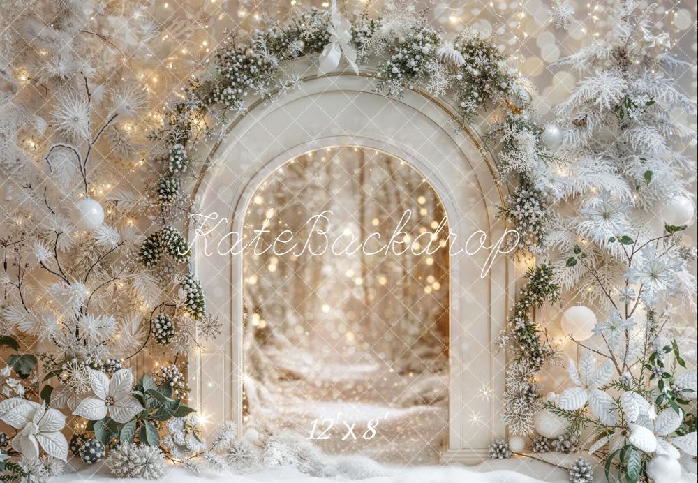 Kate Christmas Winter White Arch Snowy Trees Bokeh Backdrop Designed by Emetselch