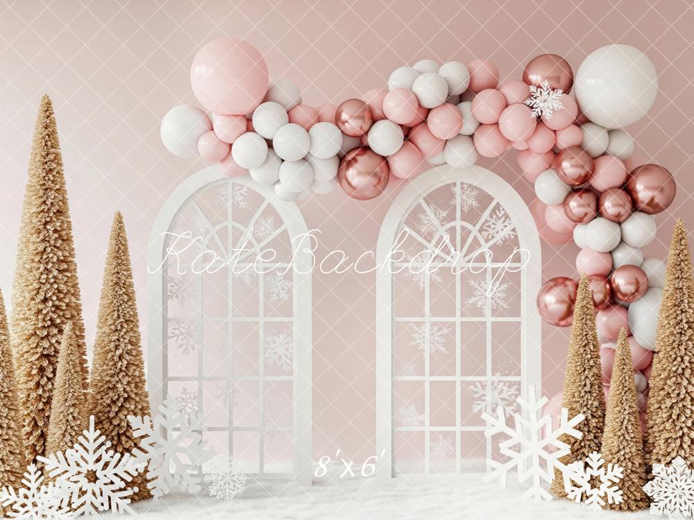 Kate Christmas Pink Balloon Arch Window Snowflake Trees Backdrop Designed by Patty Roberts