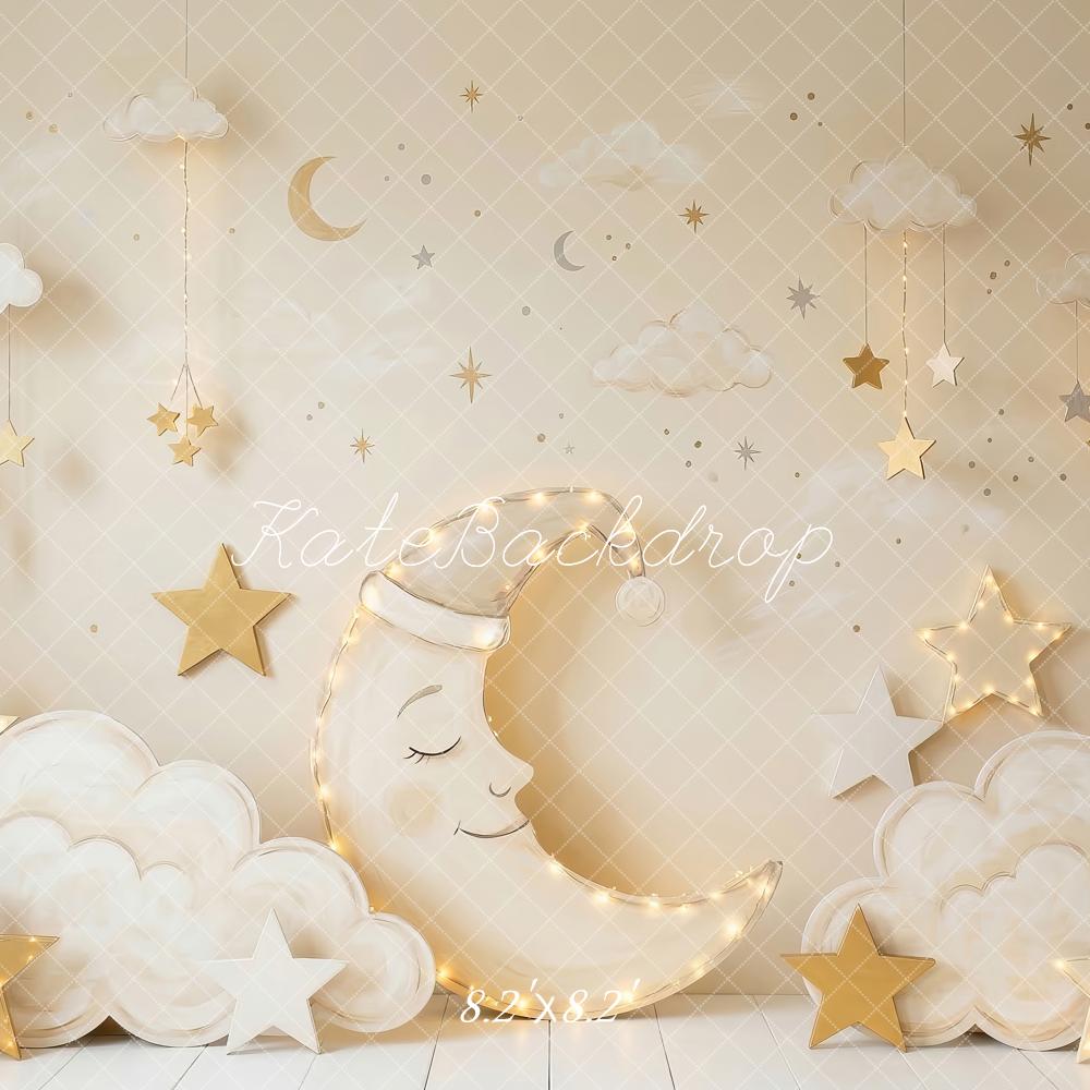 Kate Cake Smash Crescent Moon Clouds Gold Stars Printed Backdrop Designed by Patty Roberts