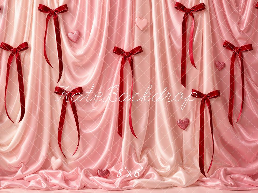 Kate Valentine's Day Pink Satin Drapes Ribbons Hearts Printed Backdrop Designed by Emetselch