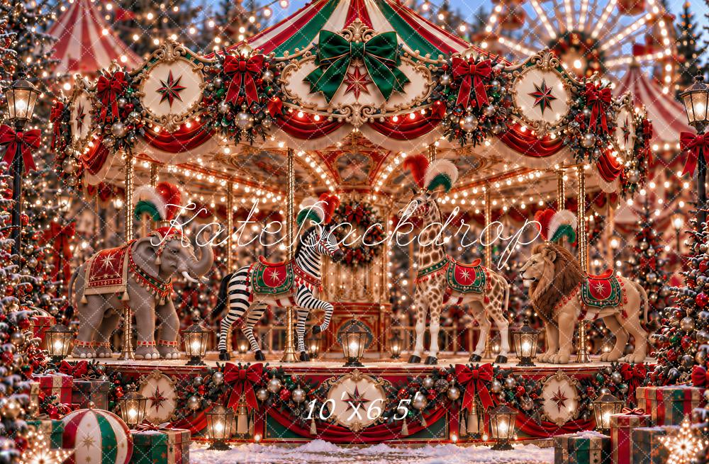 Kate Christmas Circus Carousel Animals Amusement Park Printed Backdrop Designed by Ashley Paul
