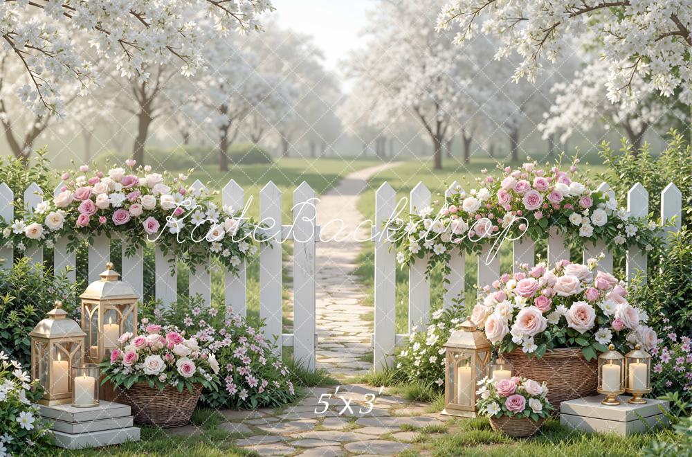 Kate Spring White Picket Fence Pink Flowers Lanterns Garden Path Backdrop Designed by Mini MakeBelieve