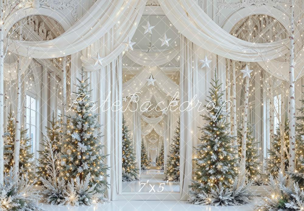 Kate Christmas Mansion Snowy Trees White Draped Curtains Stars Printed Backdrop Designed by Mini MakeBelieve