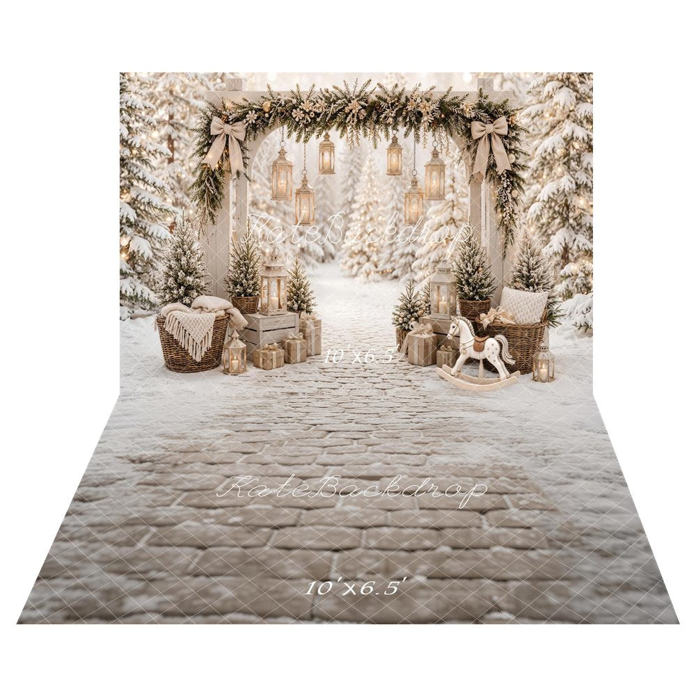 Kate Christmas Snowy Forest Arch Lanterns Garland Cozy Printed Backdrop+White Snow Brick Floor Printed Backdrop