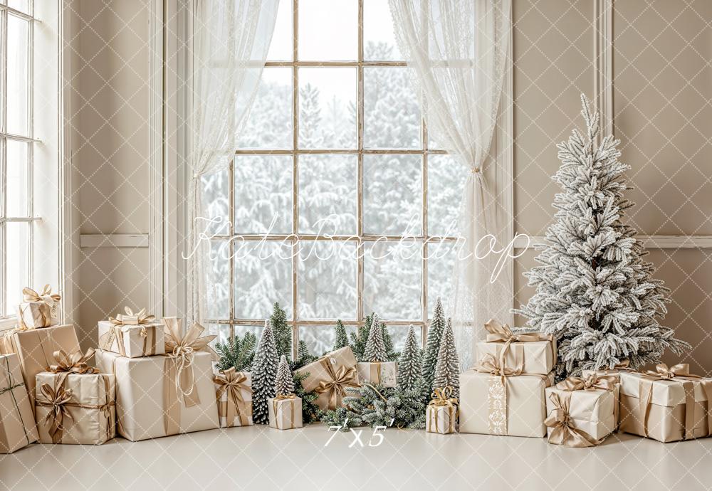 Kate Christmas Snowy Tree Gold Gifts Window Curtain Backdrop Designed by Emetselch