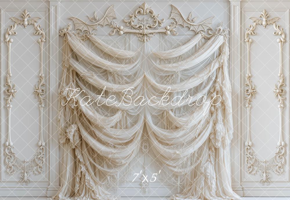 Kate Halloween Ivory Drapery Ornate Bone Wall Printed Backdrop Designed by Mini MakeBelieve