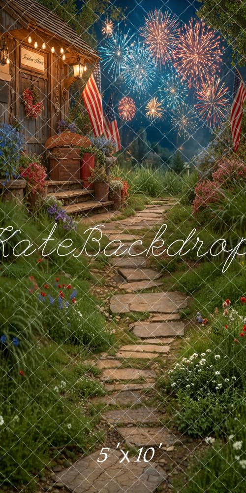 Kate Sweep Fourth Of July Fireworks Porch American Flags Garden Printed Backdrop Designed by Emetselch