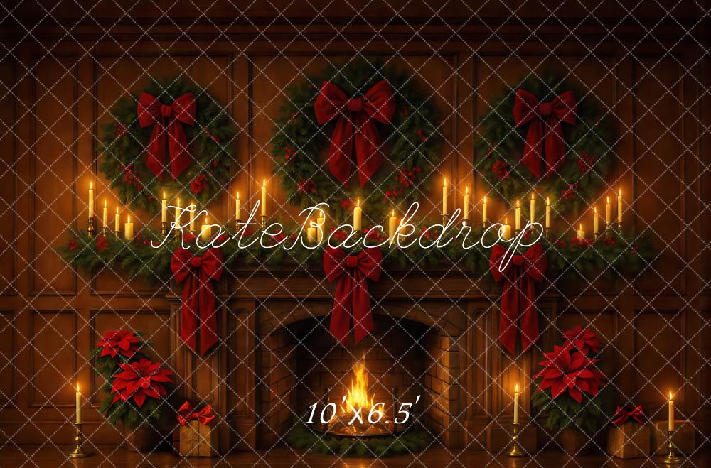 Kate Christmas Fireplace Wreaths Red Bows Candles Backdrop Designed by Mini MakeBelieve