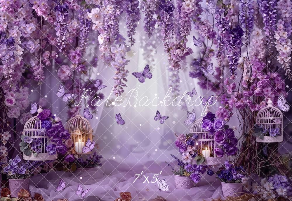 Kate Spring Purple Flower Arch Butterflies Birdcages Printed Backdrop Designed by Emetselch