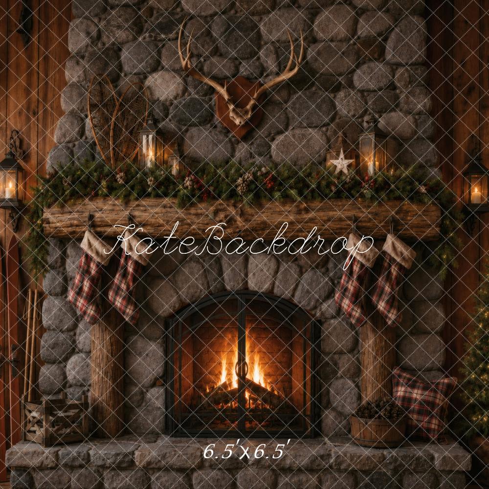 Kate Christmas Stone Fireplace Antlers Garland Stockings Printed Backdrop Designed by Vertigo Productions