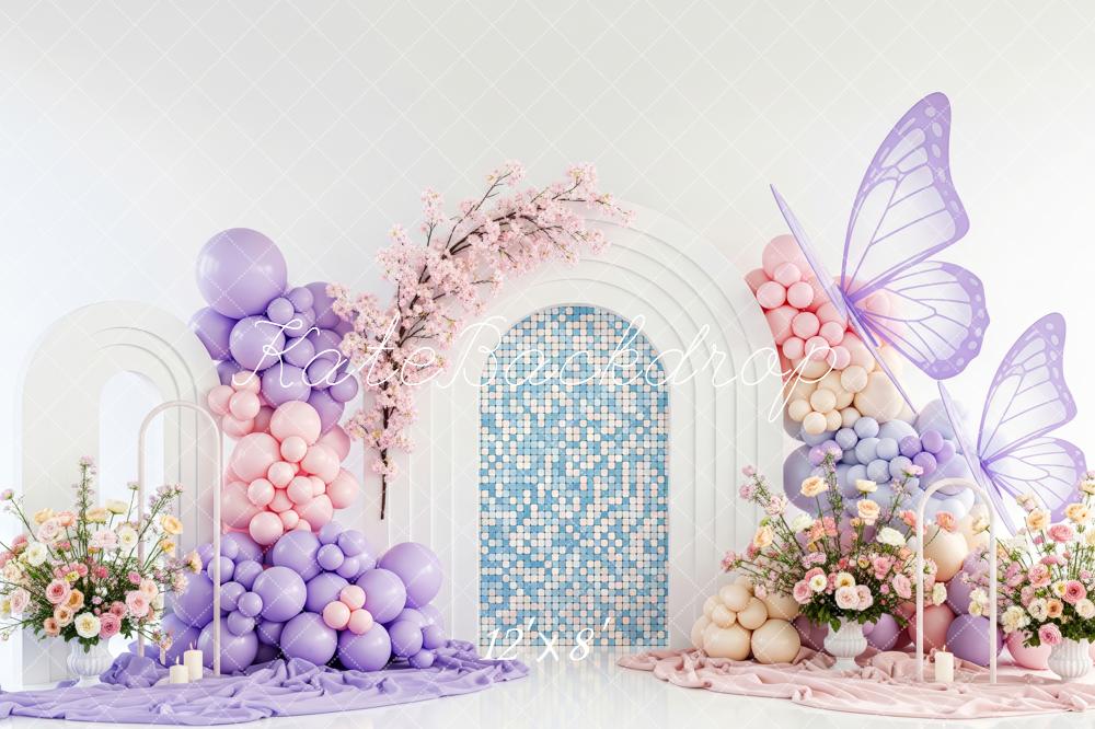 Kate Cake Smash Pastel Balloon Arch Butterfly Mosaic Flowers Printed Backdrop Designed by Patty Roberts