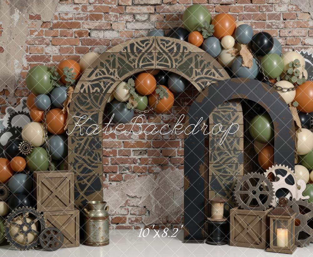 Kate Birthday Steampunk Arch Gears Balloons Brick Wall Boys Printed Backdrop Designed by Mini MakeBelieve