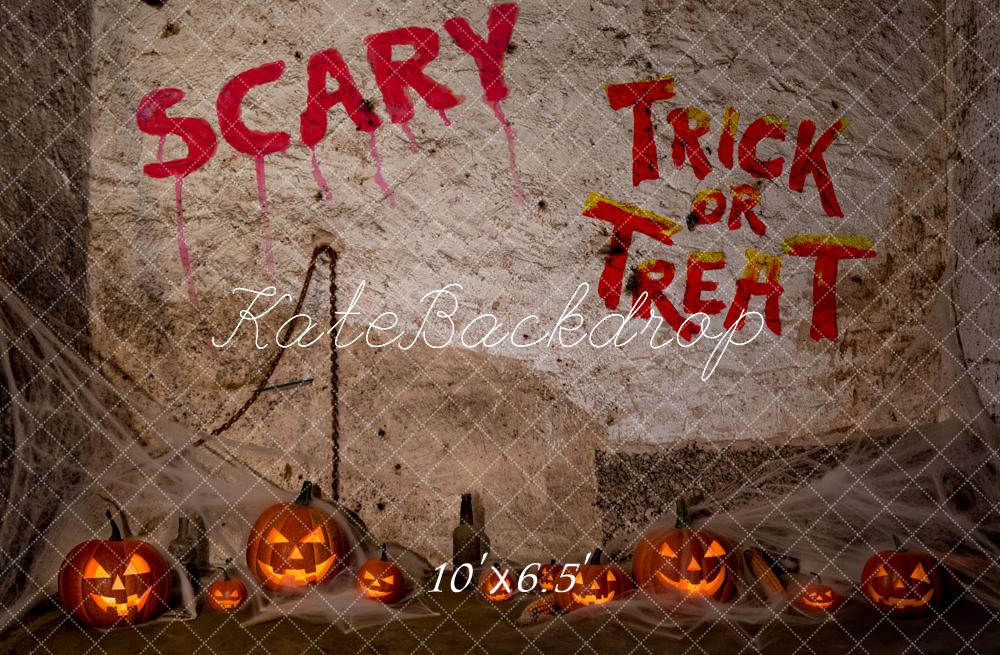 Kate Halloween Spooky Graffiti Wall Pumpkins Jack O Lantern Printed Backdrop Designed by Fantasyphotoart