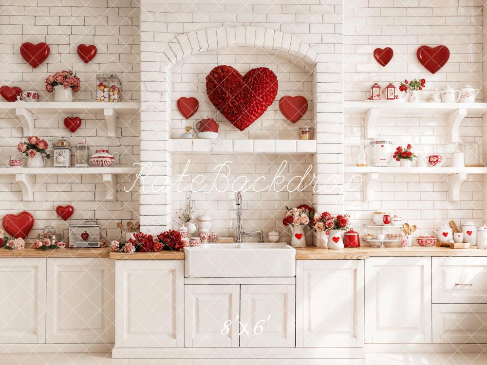 Kate Valentine's Day Red Heart Kitchen White Shelves Roses Backdrop Designed by Emetselch