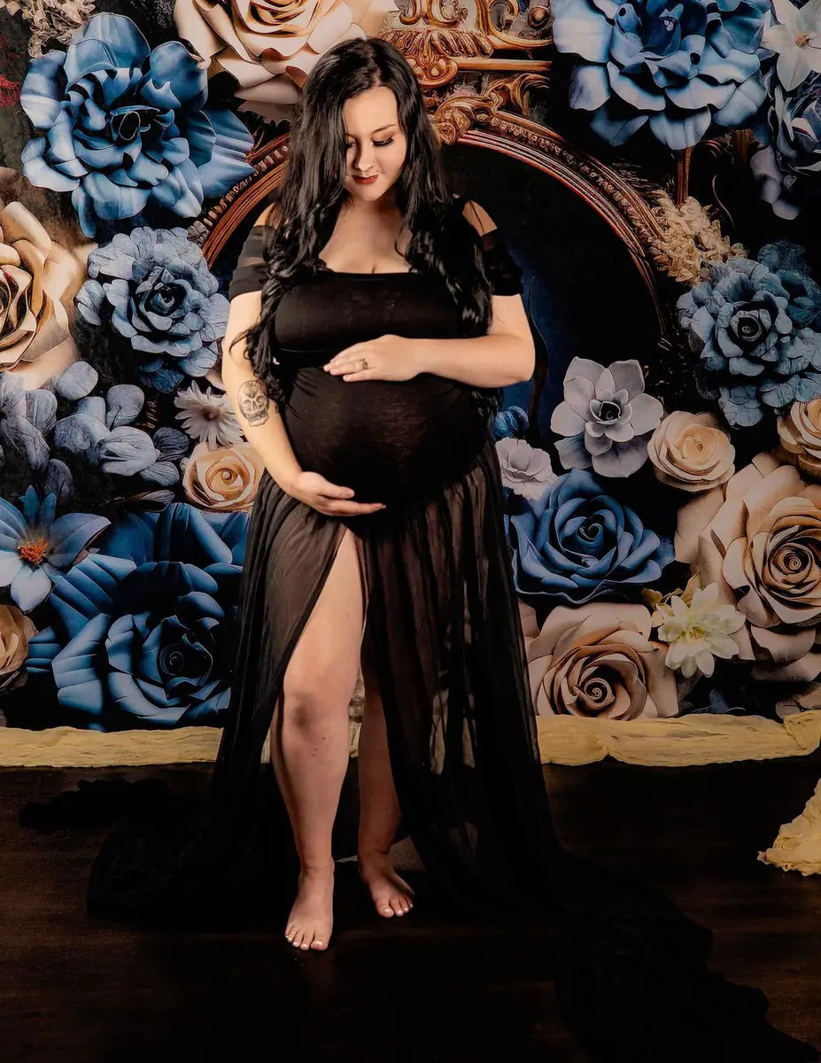 Kate Fine Art Blue Cream Floral Gold Frame Cement Maternity Backdrop Designed by Mini MakeBelieve