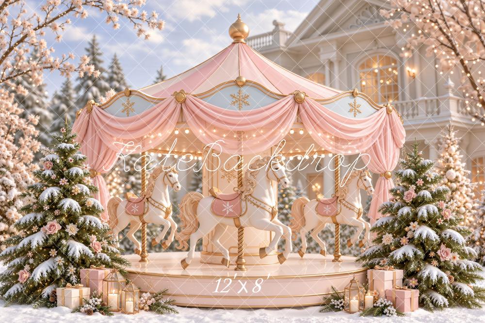Kate Christmas Pink Carousel Snowy Trees Printed Backdrop Designed by Emetselch