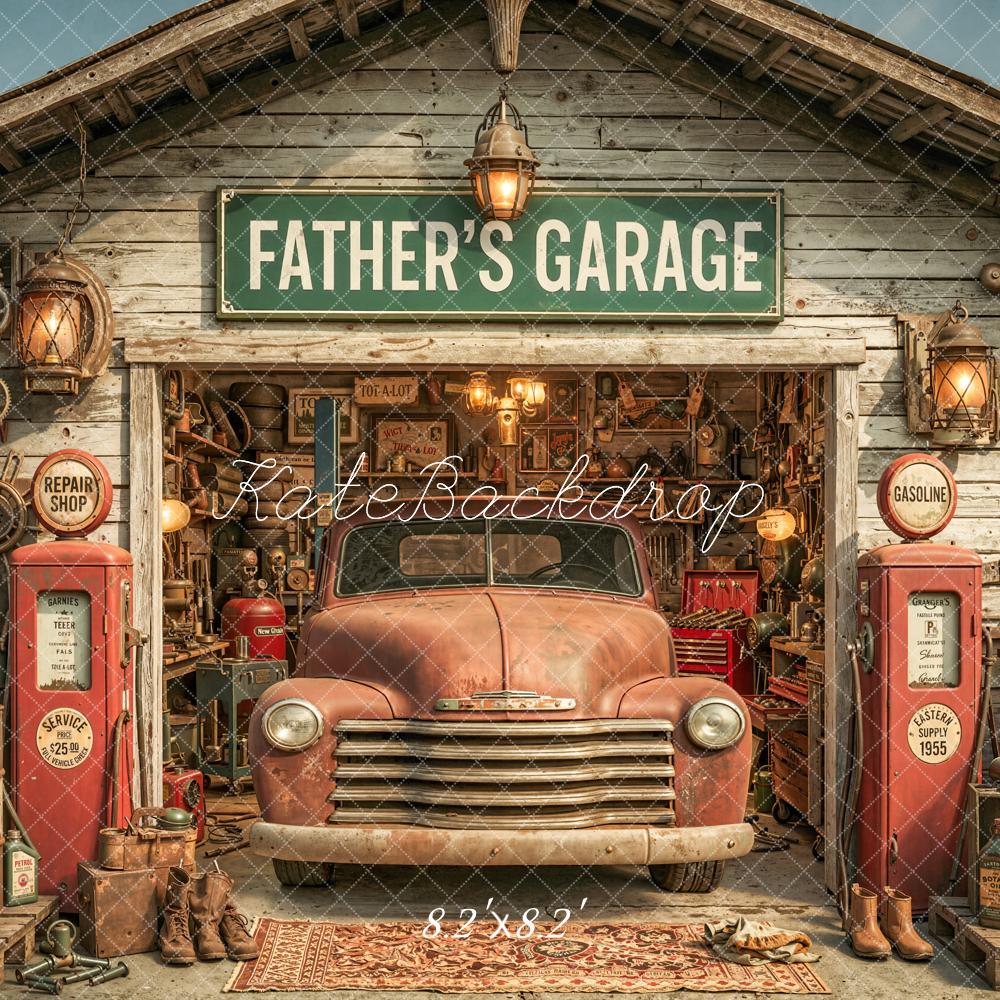 Kate Father's Day Garage Rusty Truck Gas Pumps Printed Backdrop Designed by Chain Photography