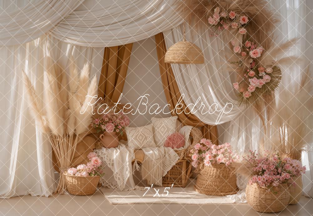 Kate Boho Pampas Grass Pink Flowers Wicker Sofa Backdrop Designed by Emetselch