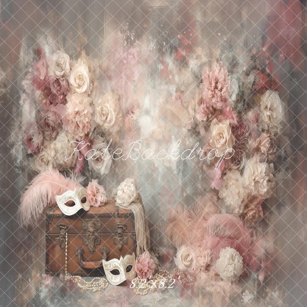 Kate Fine Art Vintage Masquerade Trunk Floral Mask Feathers Printed Backdrop Designed by Angela Miller
